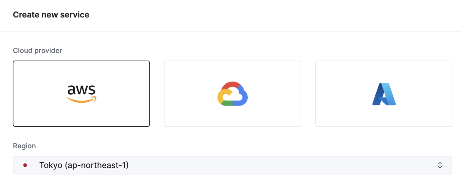 ClickHouse Cloud service creation interface showing Tokyo region selection
