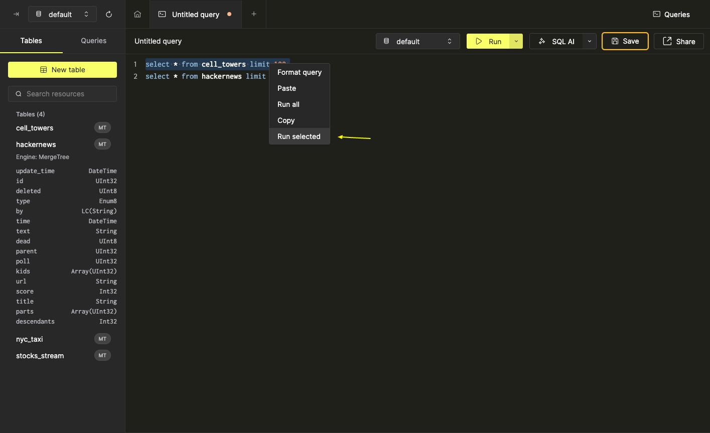 выполнение выбранного запроса