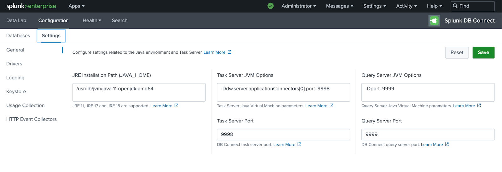 Страница настроек Splunk DB Connect с конфигурацией Java Home