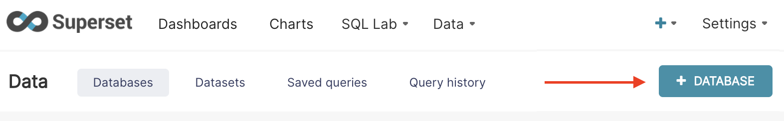 Интерфейс Superset, показывающий меню Database с выделенной кнопкой + Database